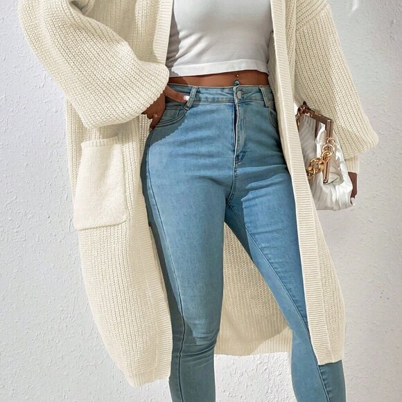 Beige Casual Women's Dual Pocket Drop Shoulder Open Front Cardigan - Picture 2 of 8